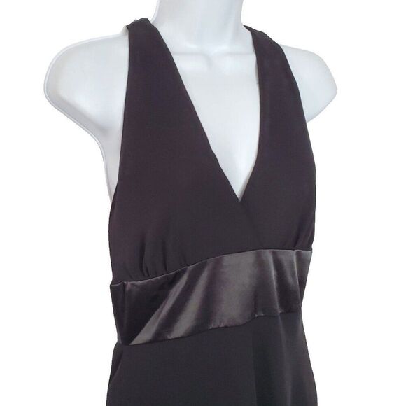 90s Y2K Black Halter Dress 6 Small Satin V Neck Plunge Party Cocktail Occasion - Picture 3 of 5